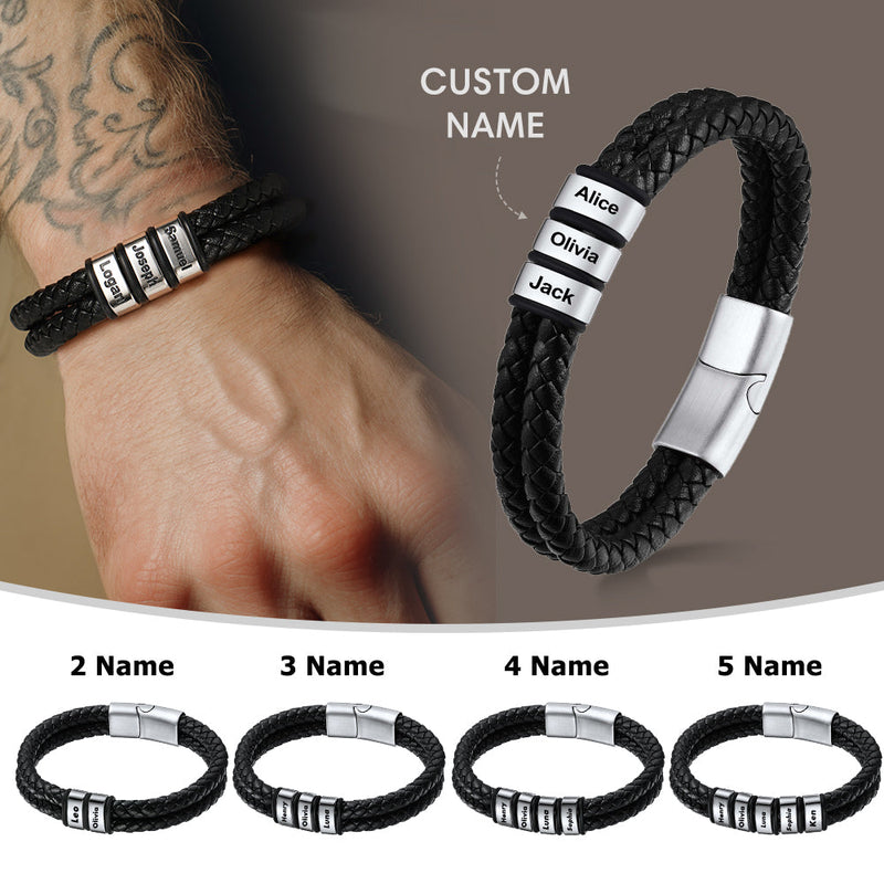 Personalized Braided Leather Bracelet With Engraved Name Beaded for