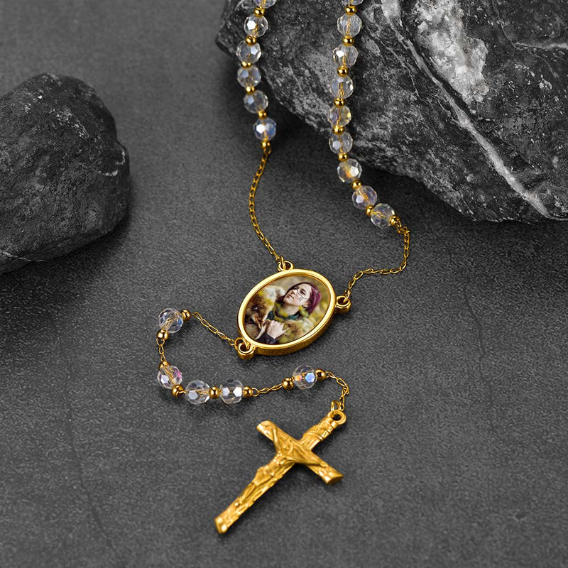 Personalized Photo Rosary Beads Cross Necklace With Picture for