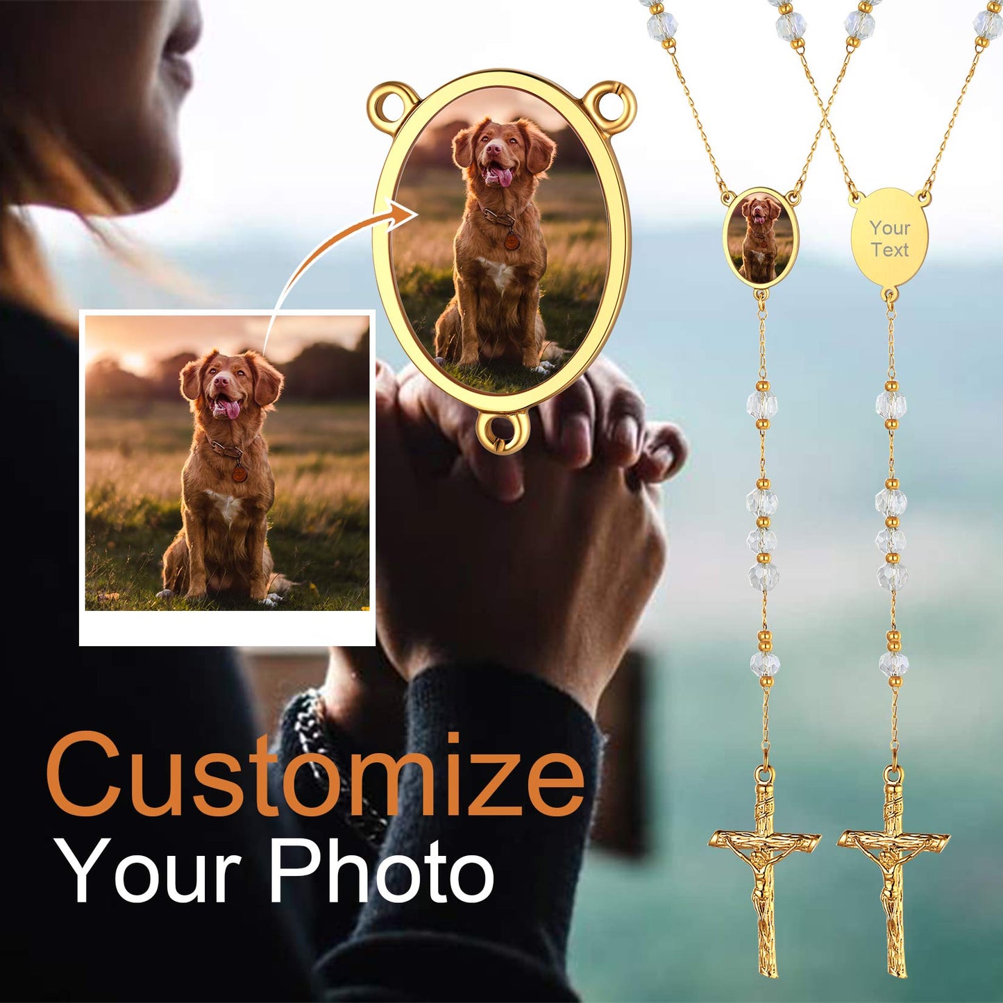 Personalized Photo Rosary Beads Cross Necklace With Picture for