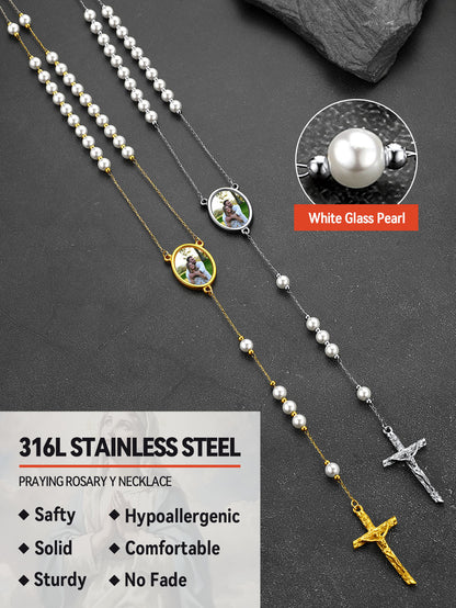 Personalized Picure Rosary Beads Pearl Chain Necklace for