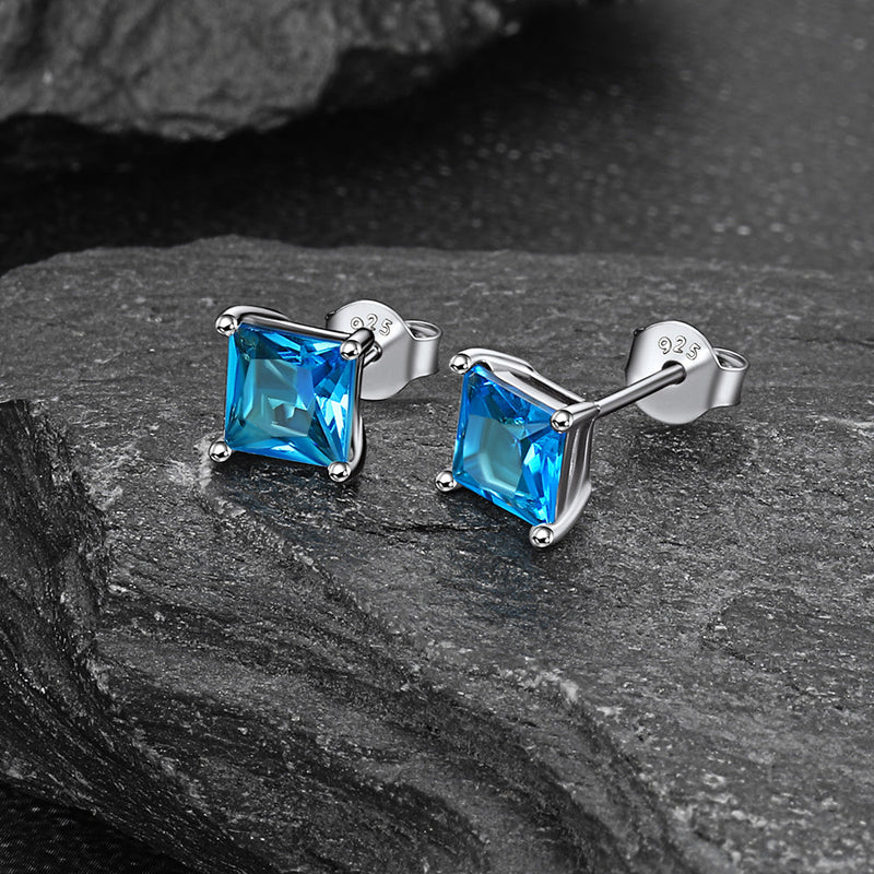 Sterling Silver Princess Cut Birthstone Stud Earrings Gift for Her