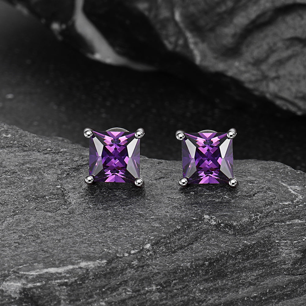 Sterling Silver Princess Cut Birthstone Stud Earrings Gift for Her