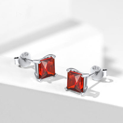 Sterling Silver Princess Cut Birthstone Stud Earrings Gift for Her
