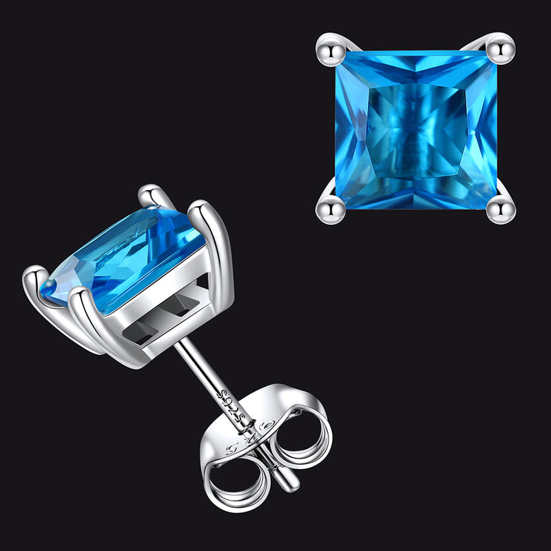 Sterling Silver Princess Cut Birthstone Stud Earrings Gift for Her