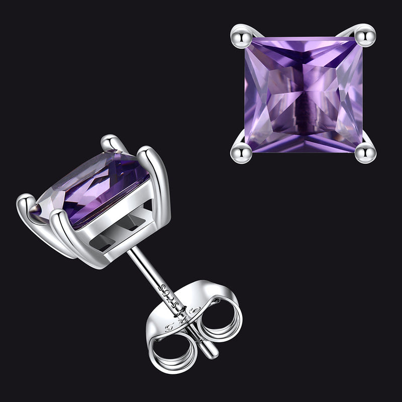 Sterling Silver Princess Cut Birthstone Stud Earrings Gift for Her