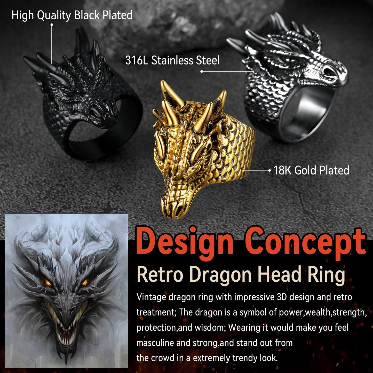 Punk Dragon Head Stainless Steel Ring for