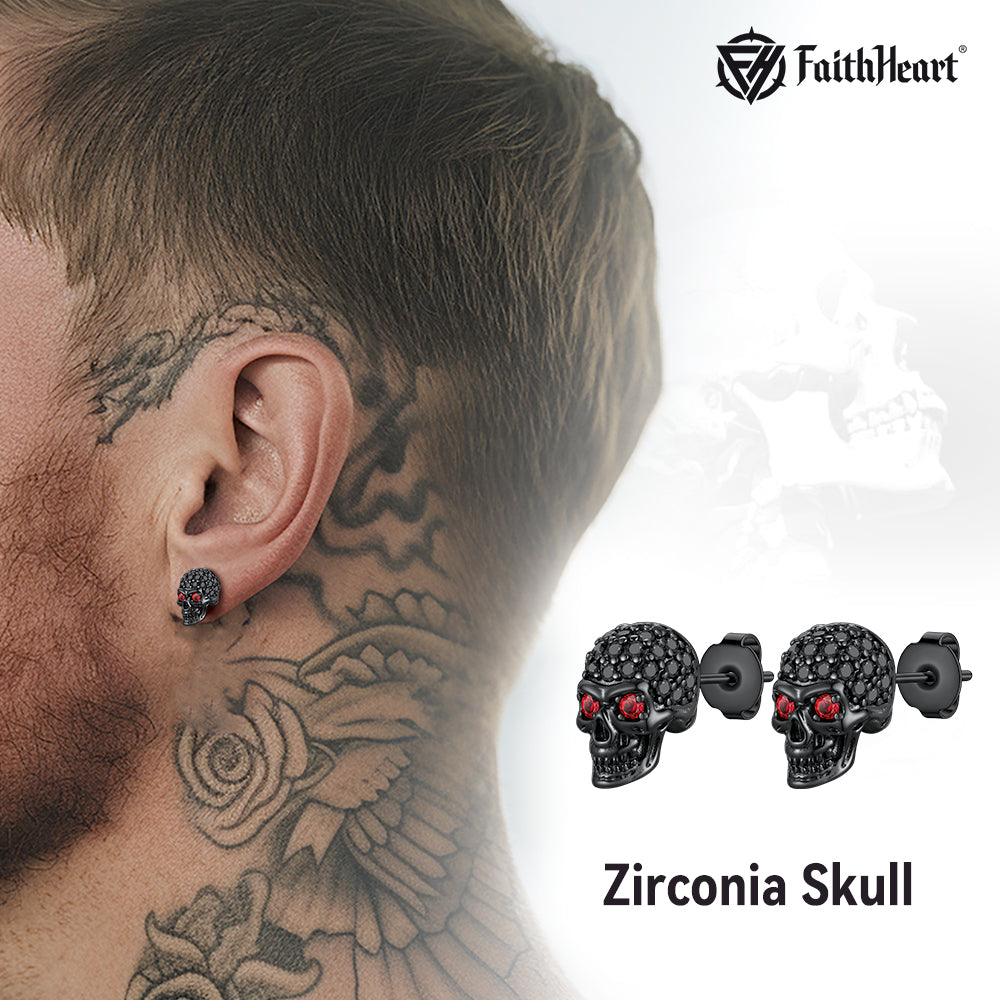 Gothic Cz Red Eye Stud Skull Earrings for