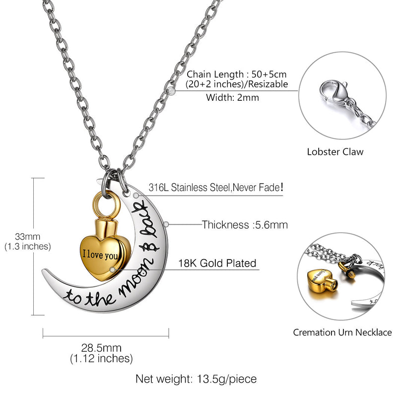 Custom Moon Heart Urn Necklace Cremation Pendant for Ashes