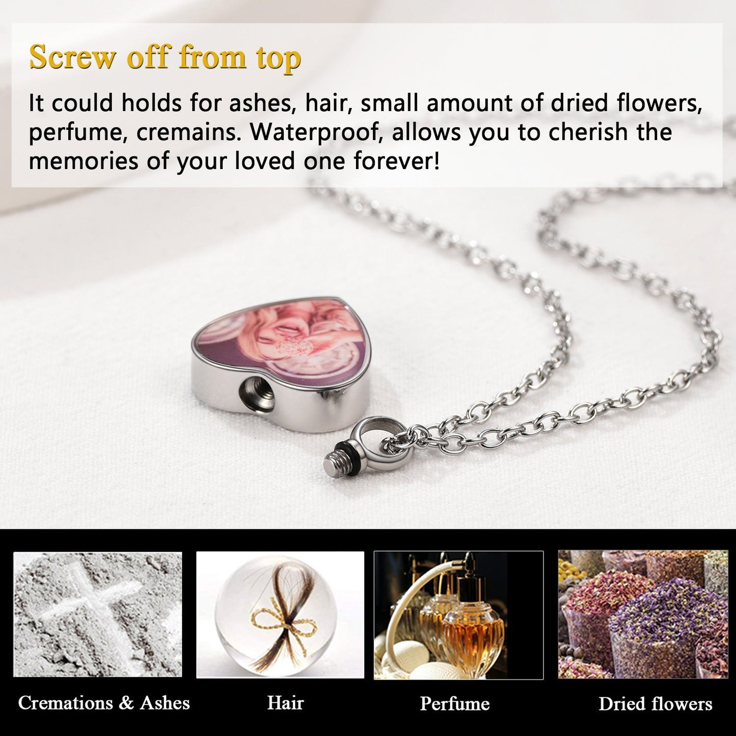 Personalised Picture Heart Urn Pendant Necklace for Ashes Pet Cremation Jewelry