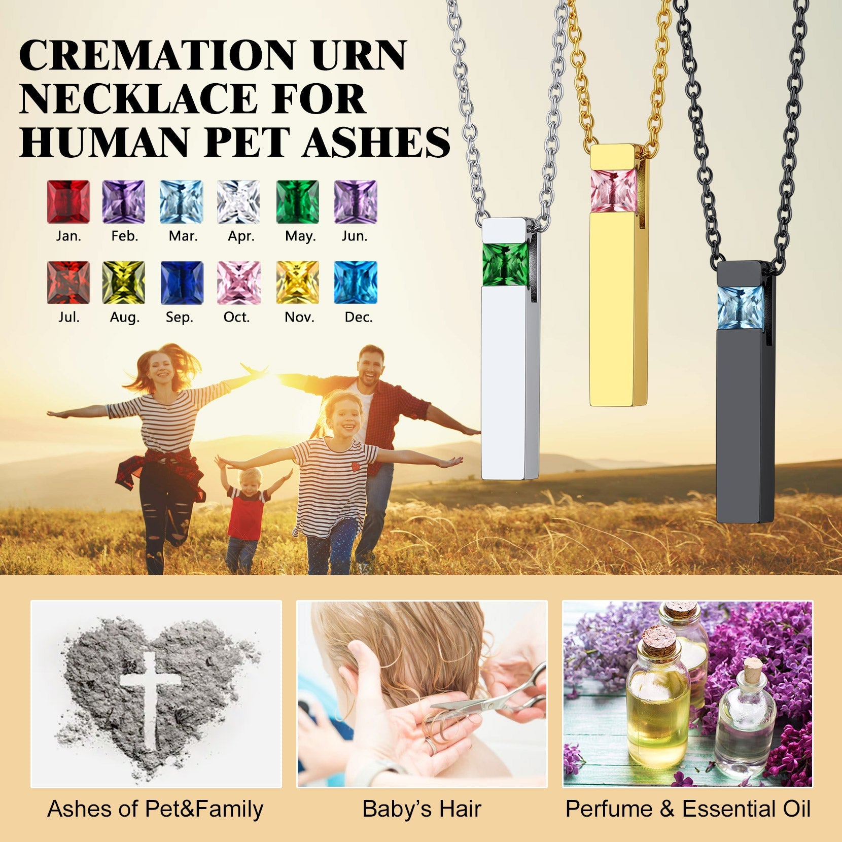 Custom Birthstone Bar Urn Cremation Necklace for Ashes Memorial Keepsakes Pendant