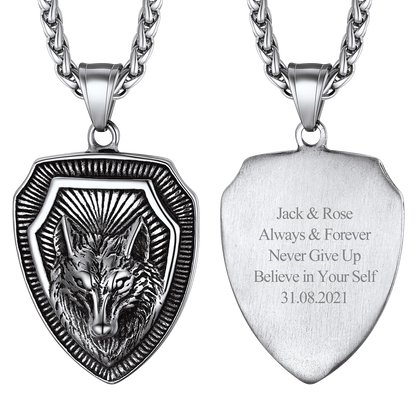 Engraved Viking Nordic Wolf Necklace Amulet Pendant for