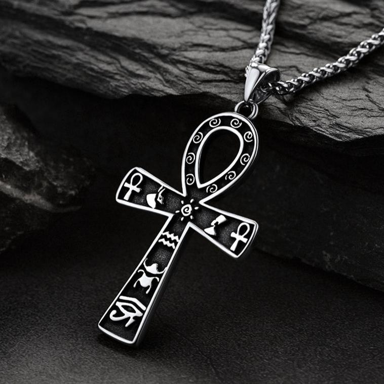 Egyptian Ankh Cross Necklace Pendant With Hieroglyphic for