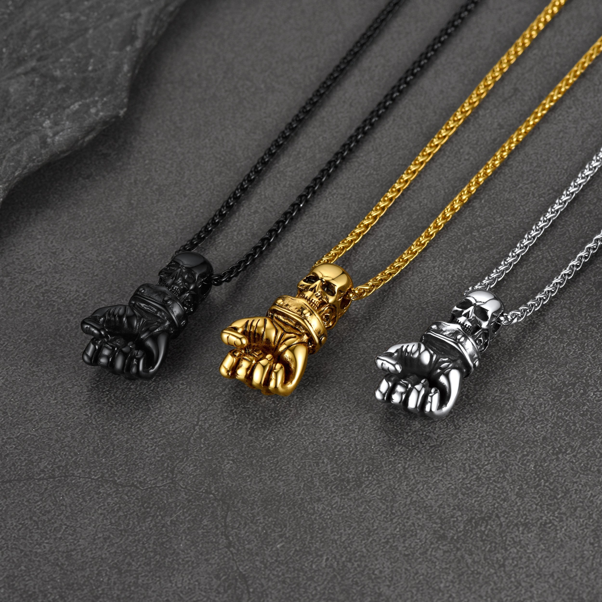 Flash Punk Skull Fist Pendant Necklace for