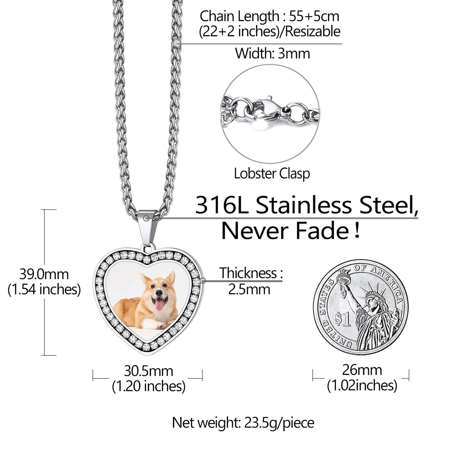 Customized Picture Heart Cubic Zirconia Necklace for