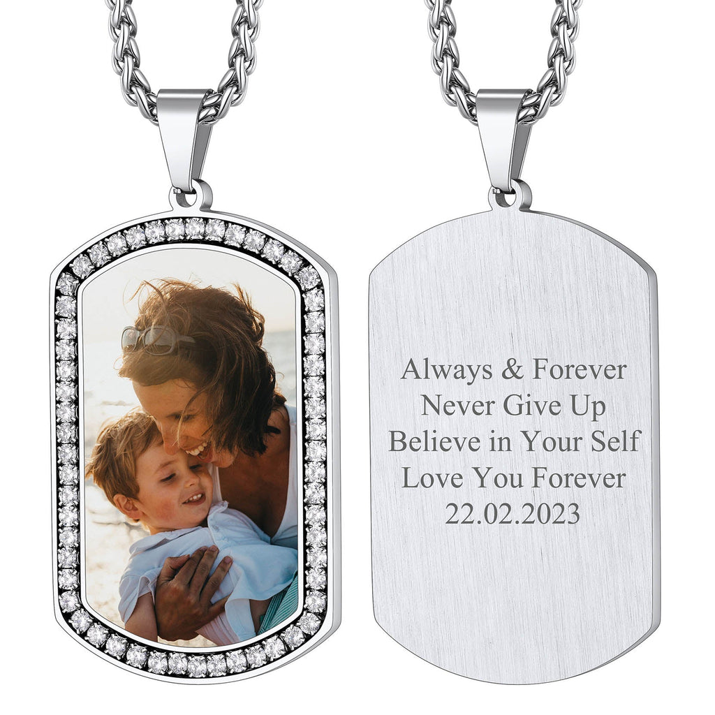 Customized Picture Dog Tag Necklace With Cubic Zirconia Memorial Gift for