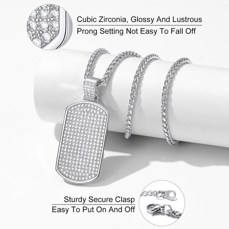 Stainless Steel Diamond Dog Tag Pendant Necklace for