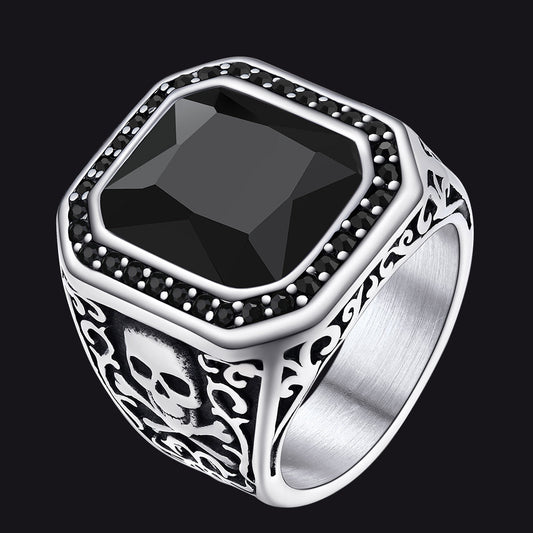 Gothic Skull Black Onyx Stone Signet Ring for