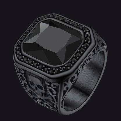 Gothic Skull Black Onyx Stone Signet Ring for