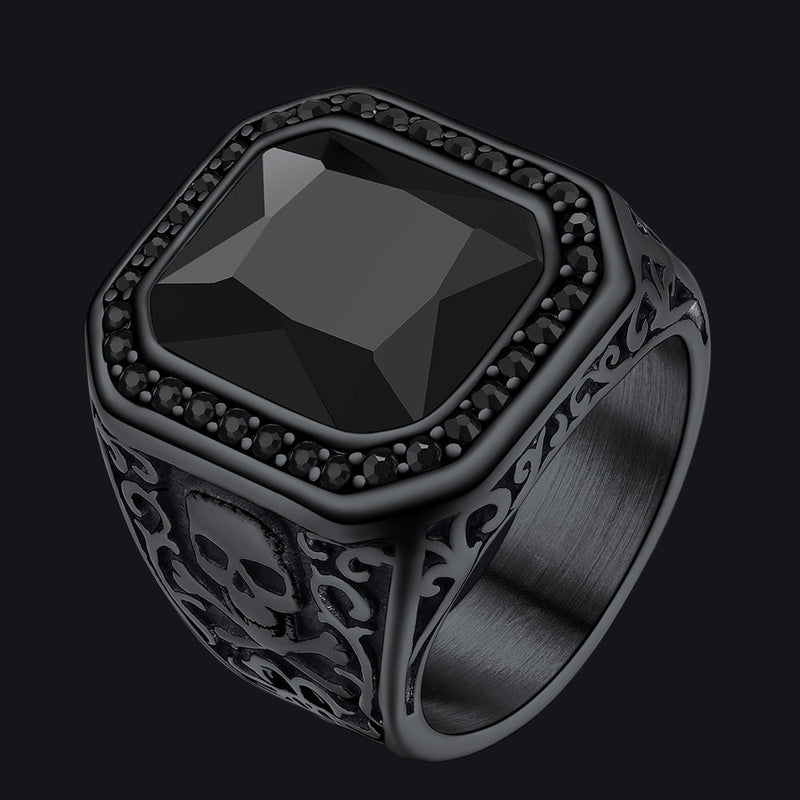 Gothic Skull Black Onyx Stone Signet Ring for