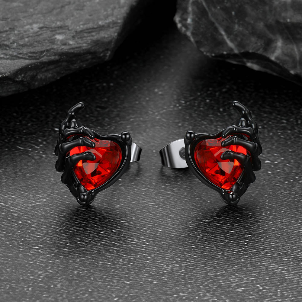 Gothic Black Ruby Heart Skull Hand Stud Earrings for