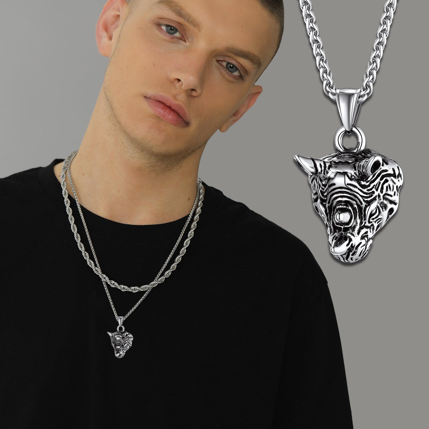 Flash Gothic Rhinoceros Pendant Necklace