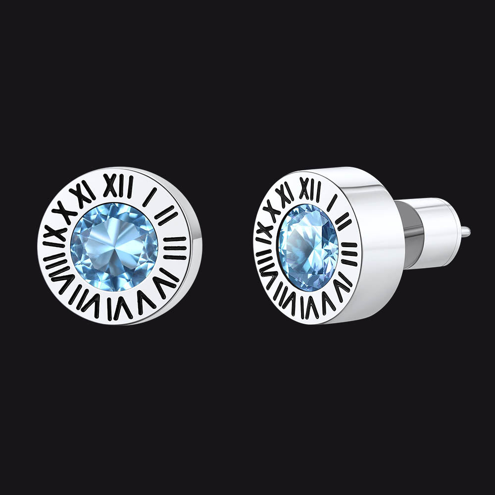 Roman Numerals Birthstone Studs Earrings in Stainless Steel