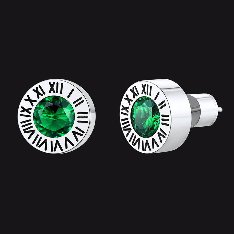 Roman Numerals Birthstone Studs Earrings in Stainless Steel