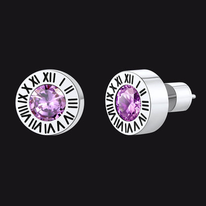 Roman Numerals Birthstone Studs Earrings in Stainless Steel