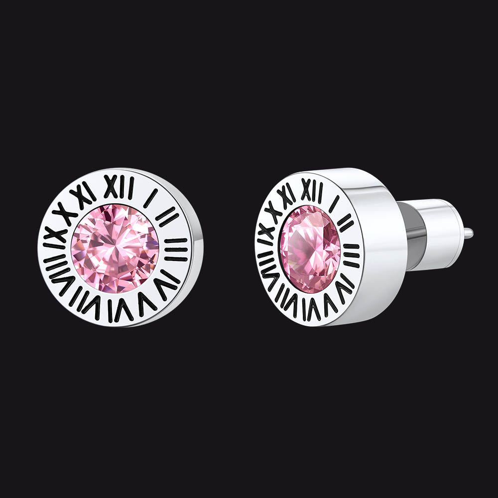 Roman Numerals Birthstone Studs Earrings in Stainless Steel