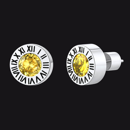 Roman Numerals Birthstone Studs Earrings in Stainless Steel