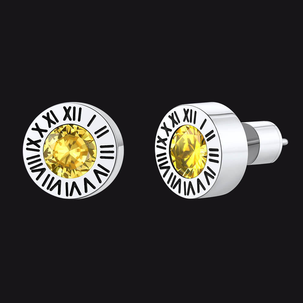 Roman Numerals Birthstone Studs Earrings in Stainless Steel