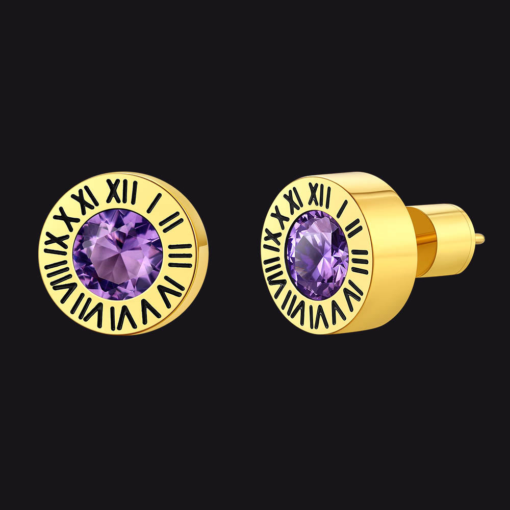 Roman Numerals Birthstone Studs Earrings in Stainless Steel