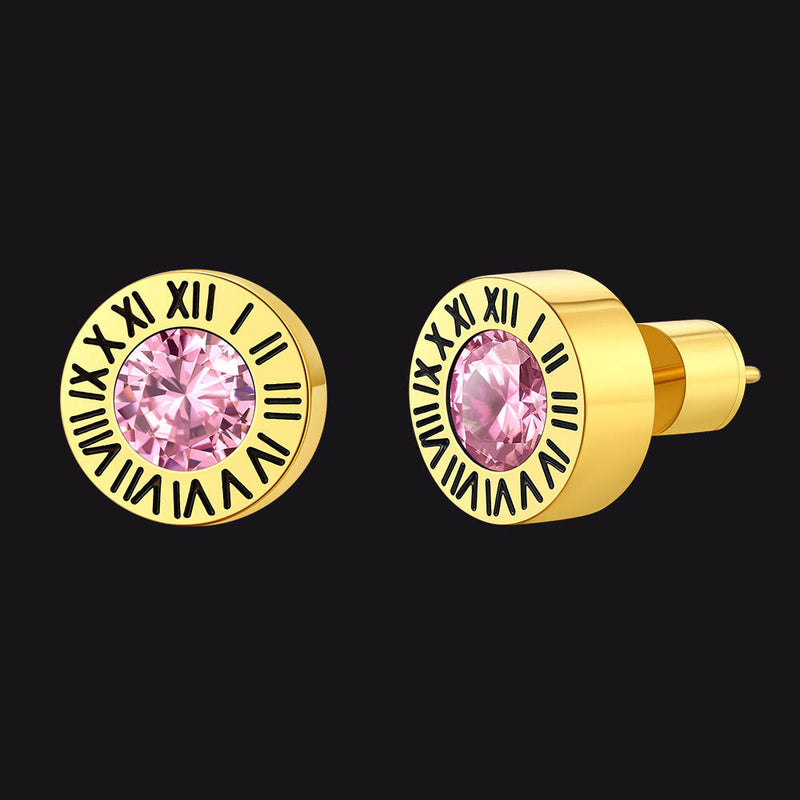 Roman Numerals Birthstone Studs Earrings in Stainless Steel