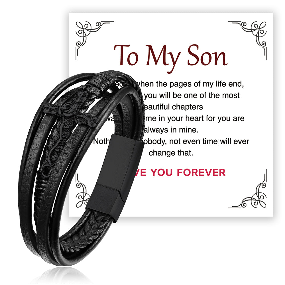 Christian Black Rose Cross Braided Leather Bracelet Gift for