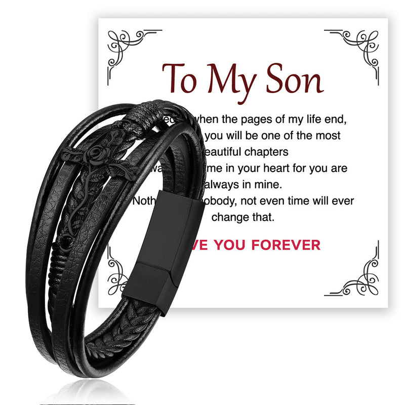 Christian Black Rose Cross Braided Leather Bracelet Gift for