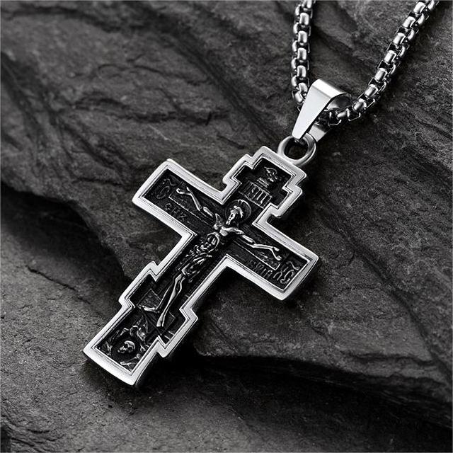 Cuban Chain & Russian Orthodox Cross Pendant Necklace Set for Father
