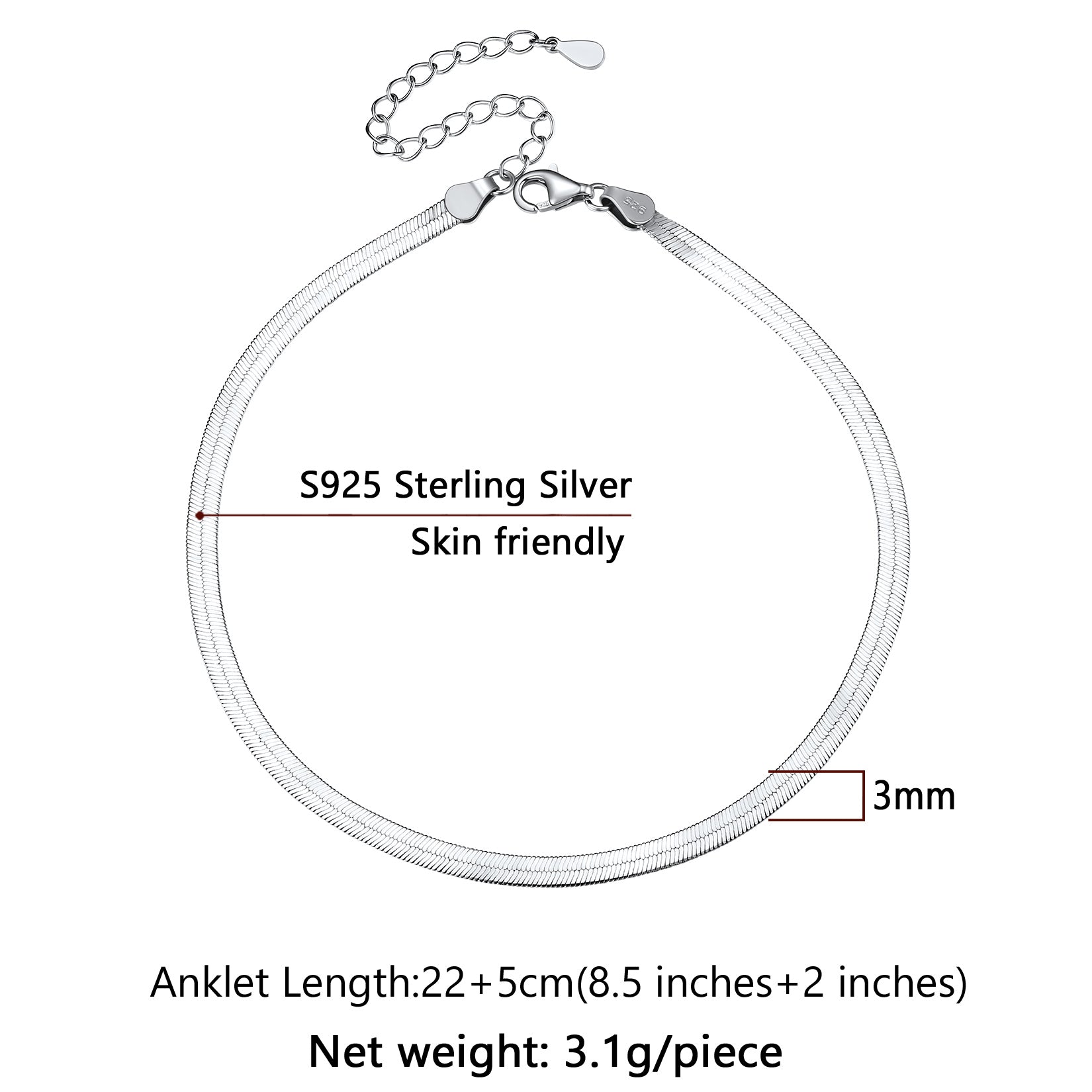 Sterling Silver Flat Snake Chain Anklet Bracelet for