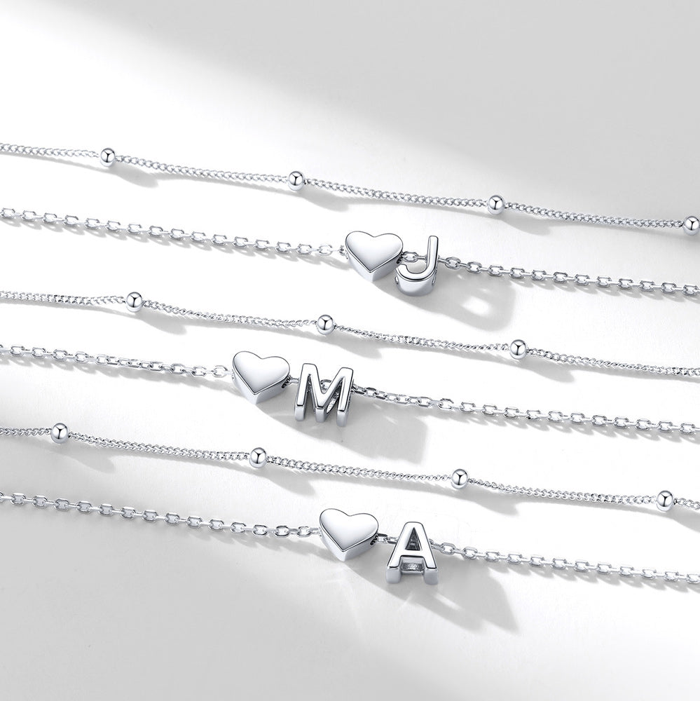 Sterling Silver Initial Heart Layered Anklet for