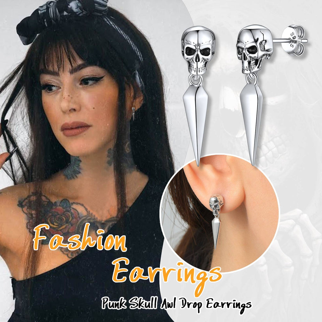 Sterling Silver Gothic Skull Dangle Stud Earrings for