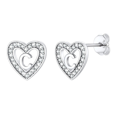 Silver Heart Initial Letter Stud Cubic Zirconia Earrings for Girl