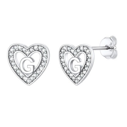Silver Heart Initial Letter Stud Cubic Zirconia Earrings for Girl
