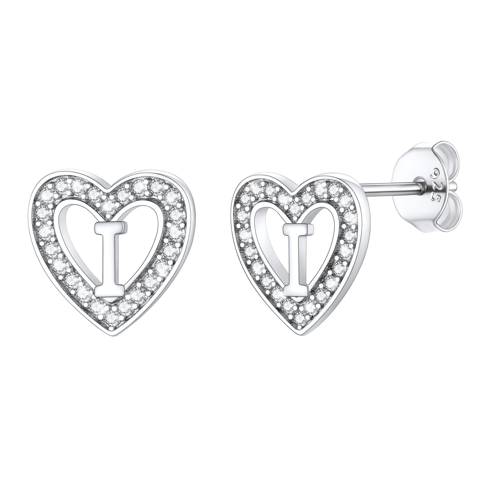 Silver Heart Initial Letter Stud Cubic Zirconia Earrings for Girl