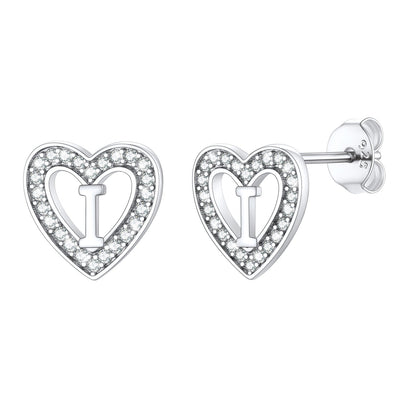 Silver Heart Initial Letter Stud Cubic Zirconia Earrings for Girl