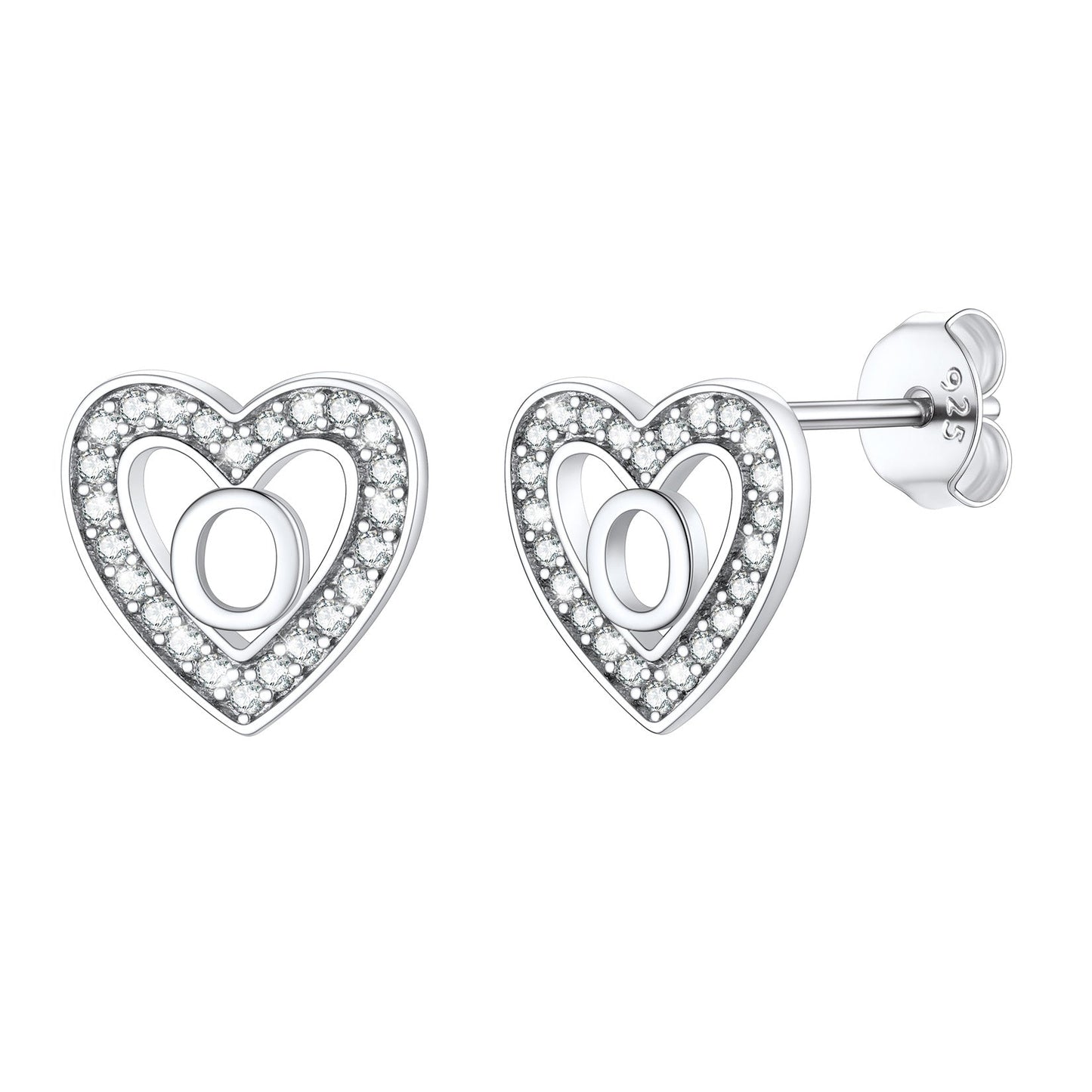 Silver Heart Initial Letter Stud Cubic Zirconia Earrings for Girl