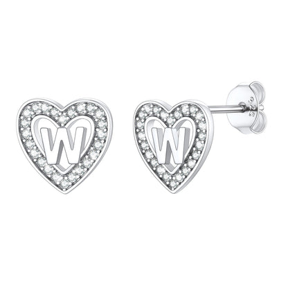 Silver Heart Initial Letter Stud Cubic Zirconia Earrings for Girl