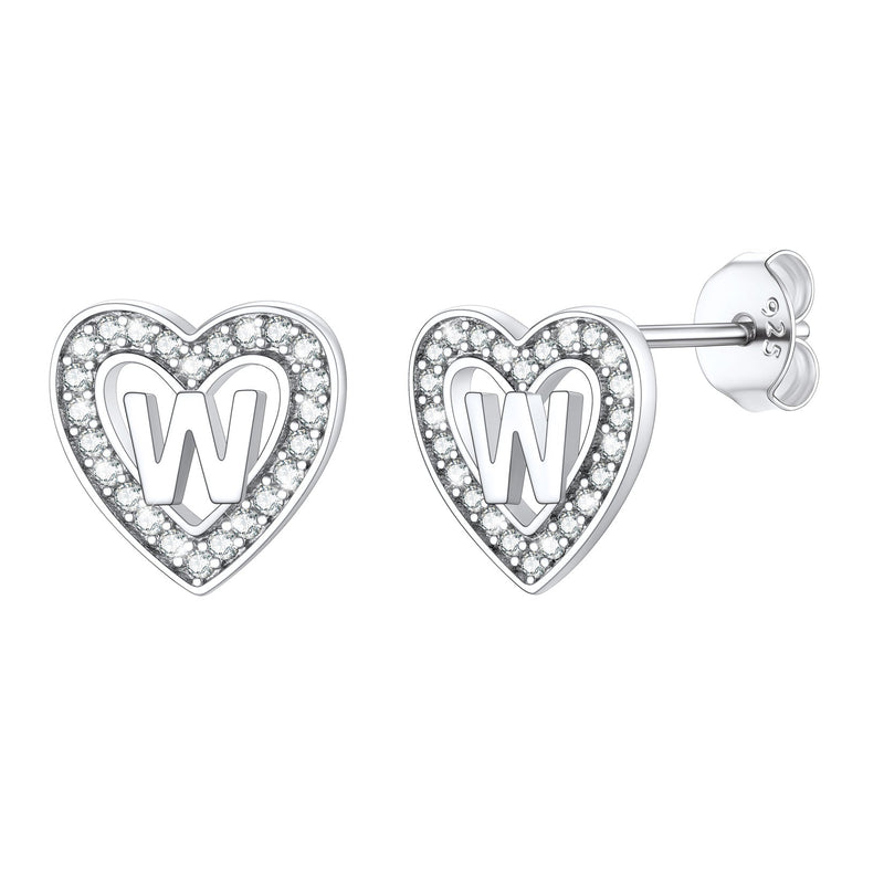 Silver Heart Initial Letter Stud Cubic Zirconia Earrings for Girl