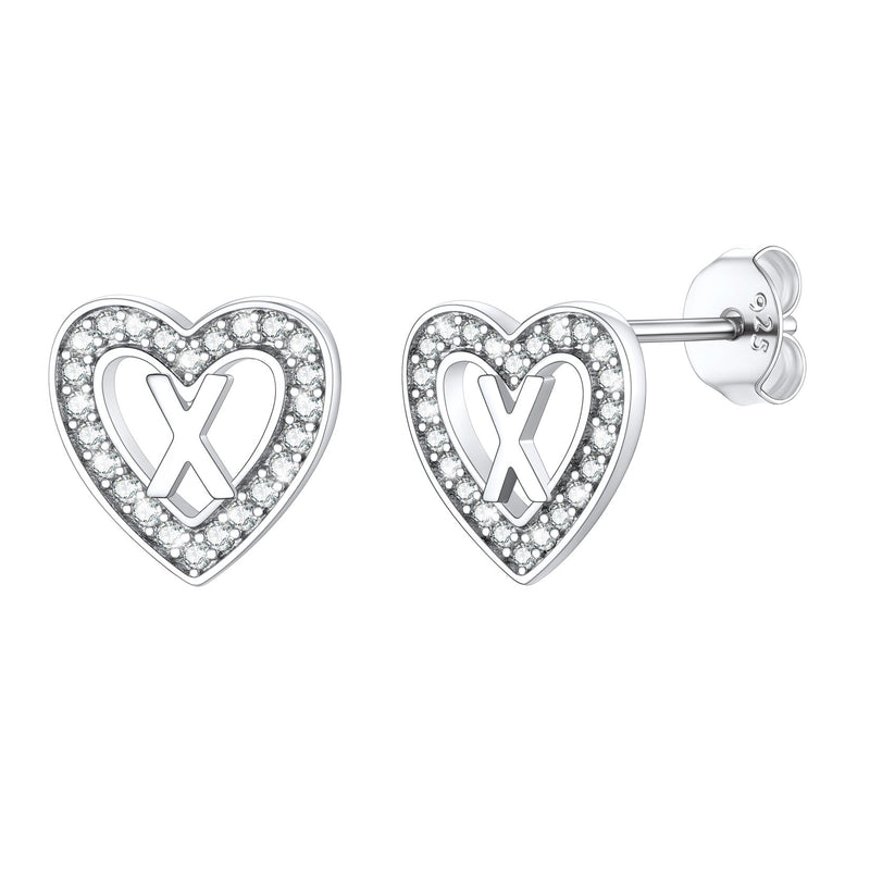 Silver Heart Initial Letter Stud Cubic Zirconia Earrings for Girl