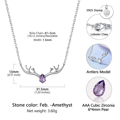 925 Sterling Silver Birthstone Deer Antler Necklace for