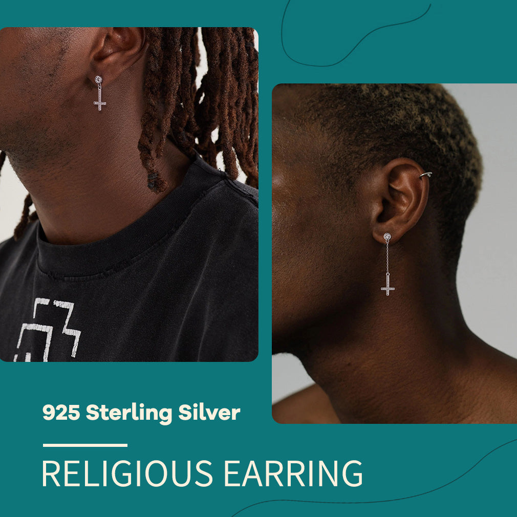 Sterling Silver Upside Down Cross Earrings With Diamond for