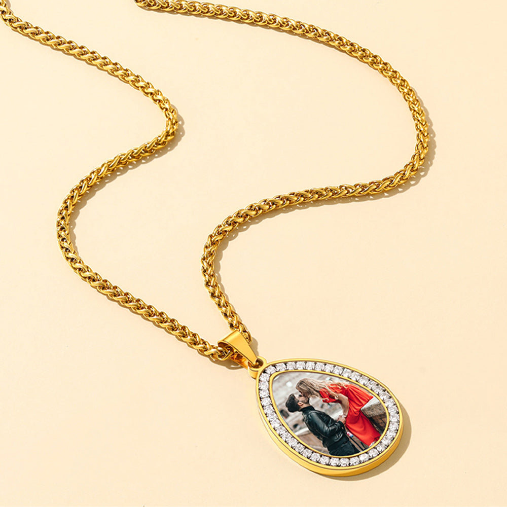 Customized Picture Teardrop Necklace With Cubic Zirconia for